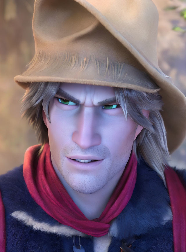 3D animated character with green eyes, hat, red scarf, serious expression