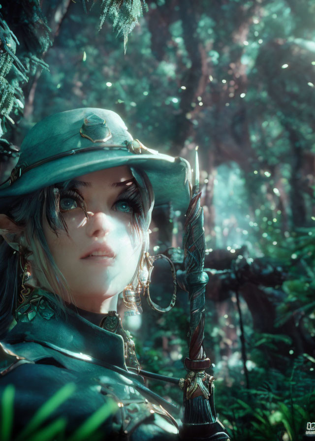 Green-eyed elven character in forest-themed armor and hat gazes curiously in lush woodland