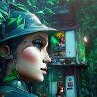 Green-eyed elven character in forest-themed armor and hat gazes curiously in lush woodland