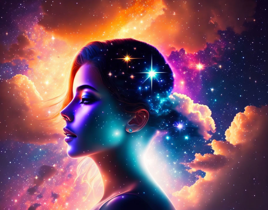 Woman's Side Profile on Vibrant Cosmic Background with Stars and Nebulae