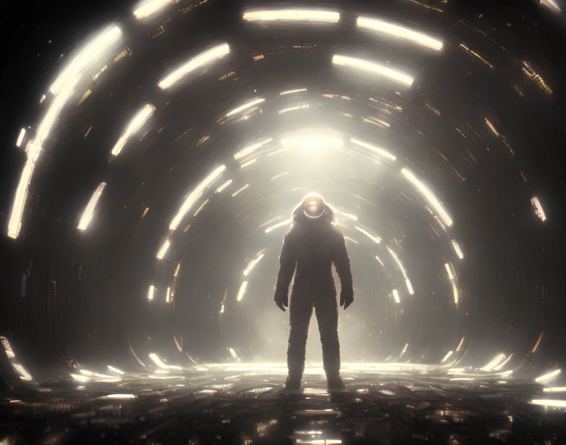 Astronaut in futuristic illuminated circular tunnel