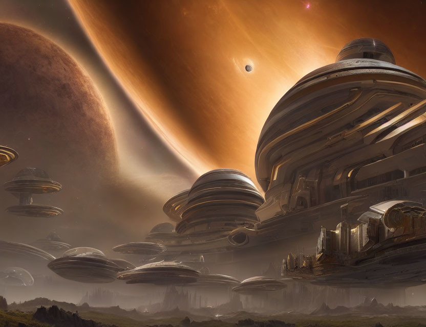 Sci-fi landscape with flying saucers above barren planet