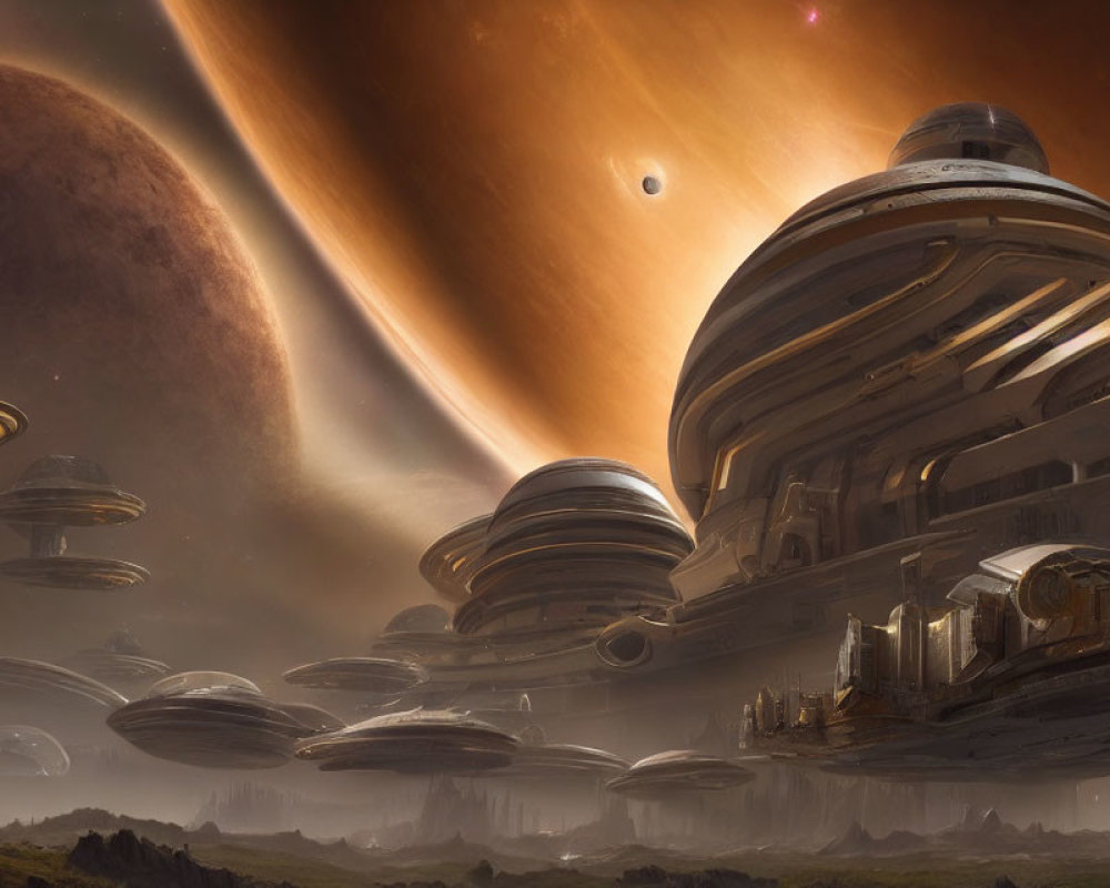 Sci-fi landscape with flying saucers above barren planet