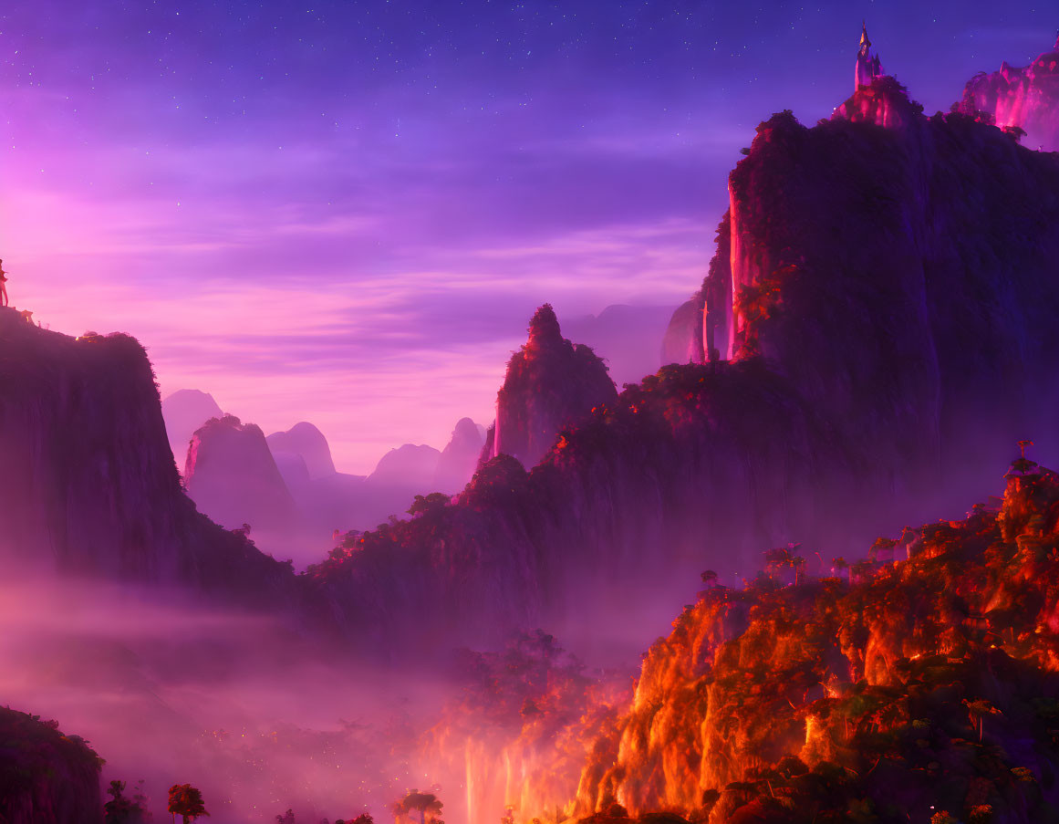 Purple Sky Over Misty Mountains and Castle