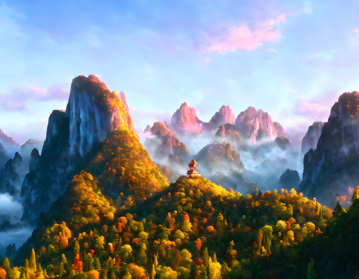 Scenic landscape with mountains, pagoda, autumn trees, and mist at sunrise