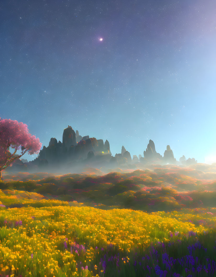 Colorful Flower Meadow with Pink Tree, Starry Sky, and Misty Mountains