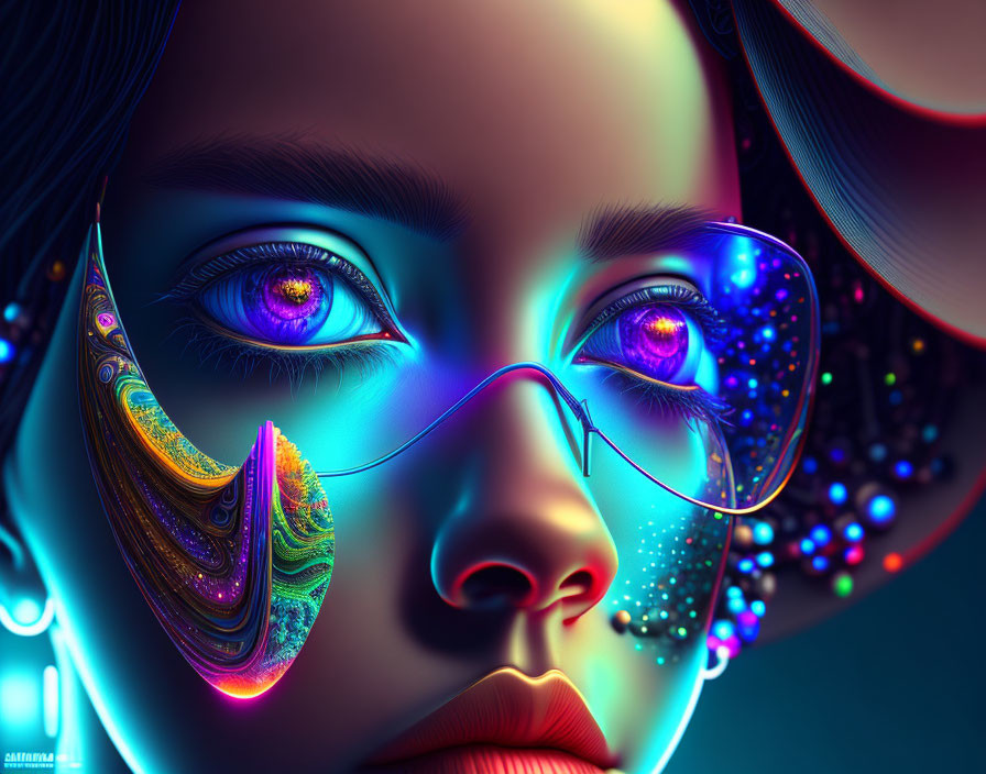 Colorful Close-Up Digital Artwork of Woman with Reflective Sunglasses