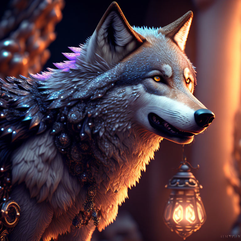 Majestic wolf with intricate armor and lantern in digital art