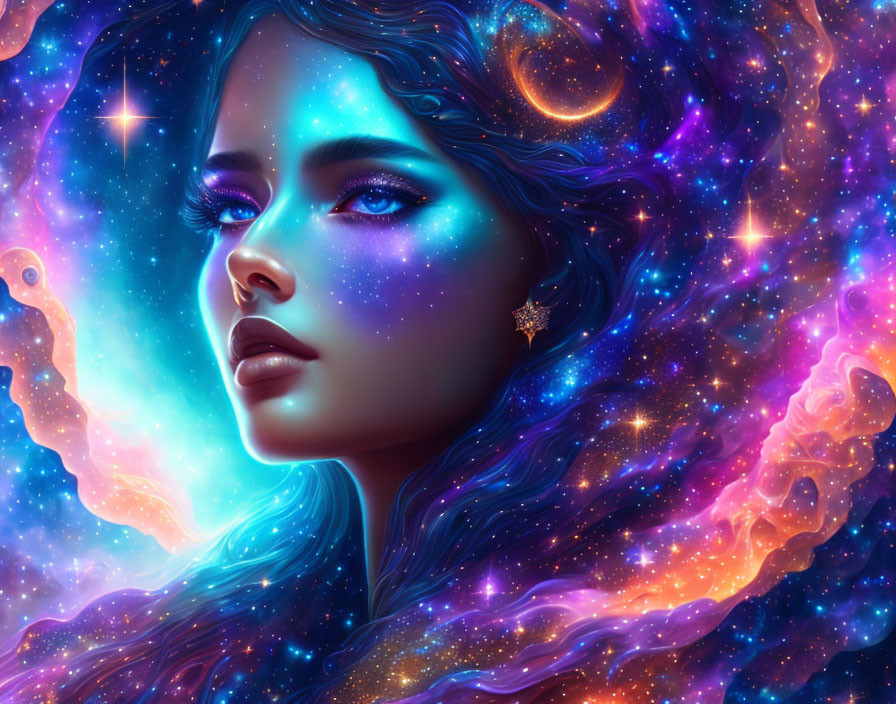 Digital art portrait of a woman with cosmic features blending with vibrant galaxy stars, nebulae, and