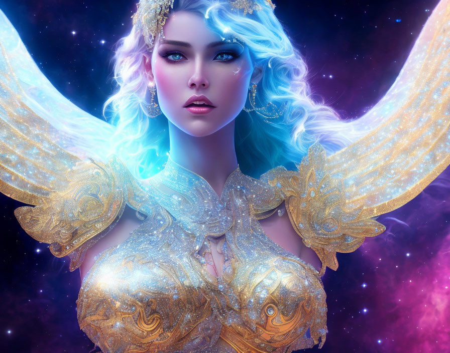 Fantasy digital artwork of female character with blue hair and ethereal wings in golden armor on cosmic background