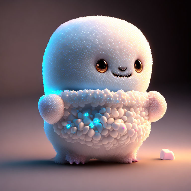 Fluffy animated creature with magical orbs and shy smile