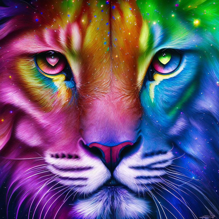 Colorful Lion Portrait with Psychedelic Hues and Starry Background