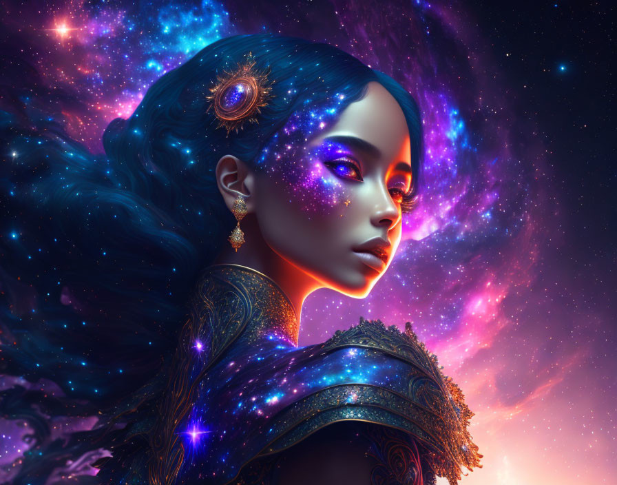 Cosmic-themed makeup woman in starry space backdrop