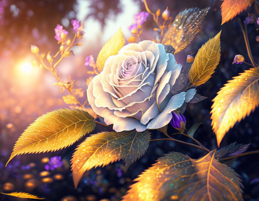 White Rose with Golden Leaves on Purple and Orange Bokeh Background