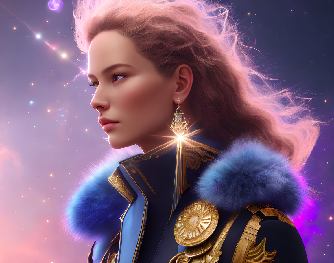 Digital artwork of woman with luminous hair in ornate military uniform against cosmic backdrop