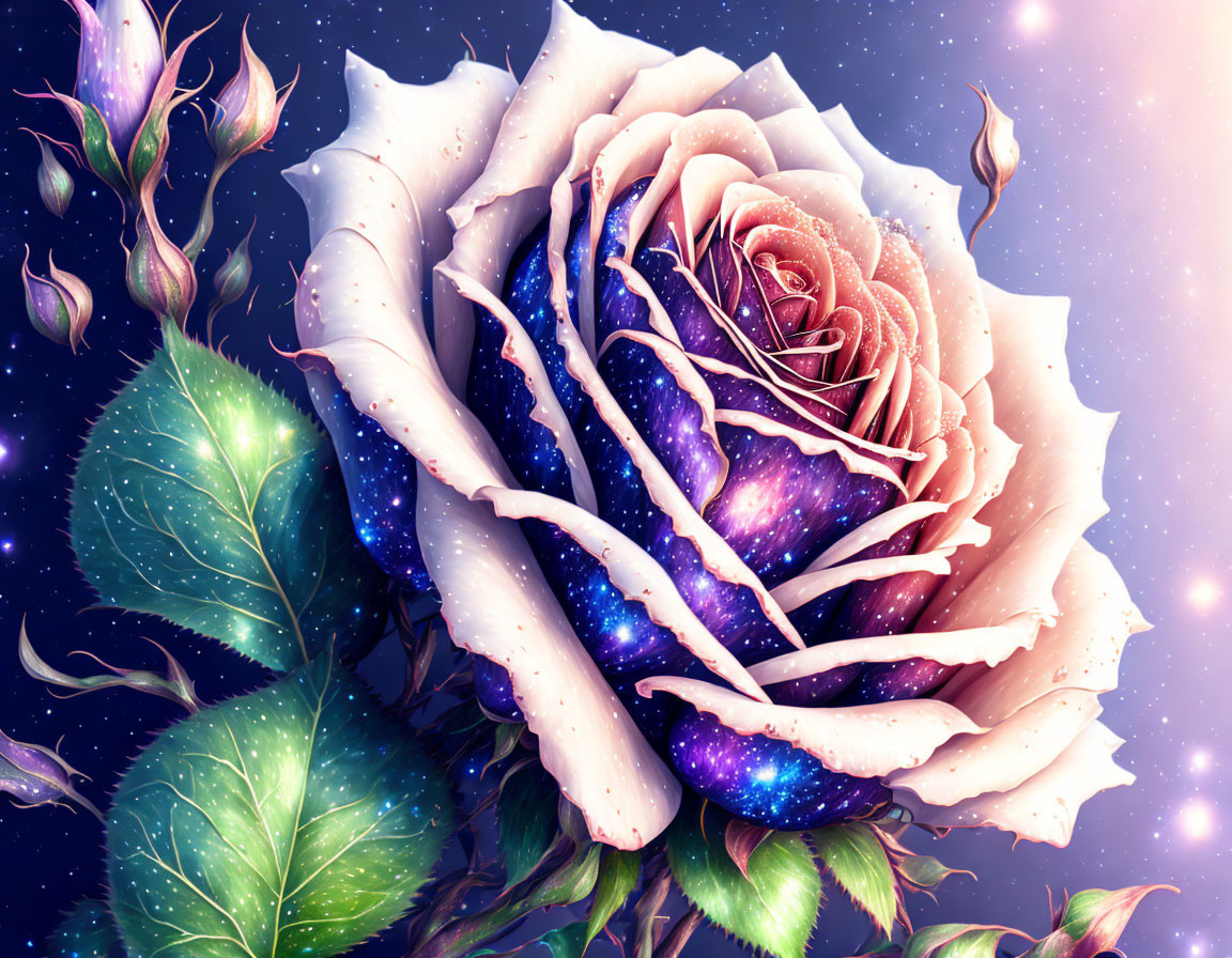 Digital Artwork: Cosmic Rose merging with Starry Galaxy and Green Leaves