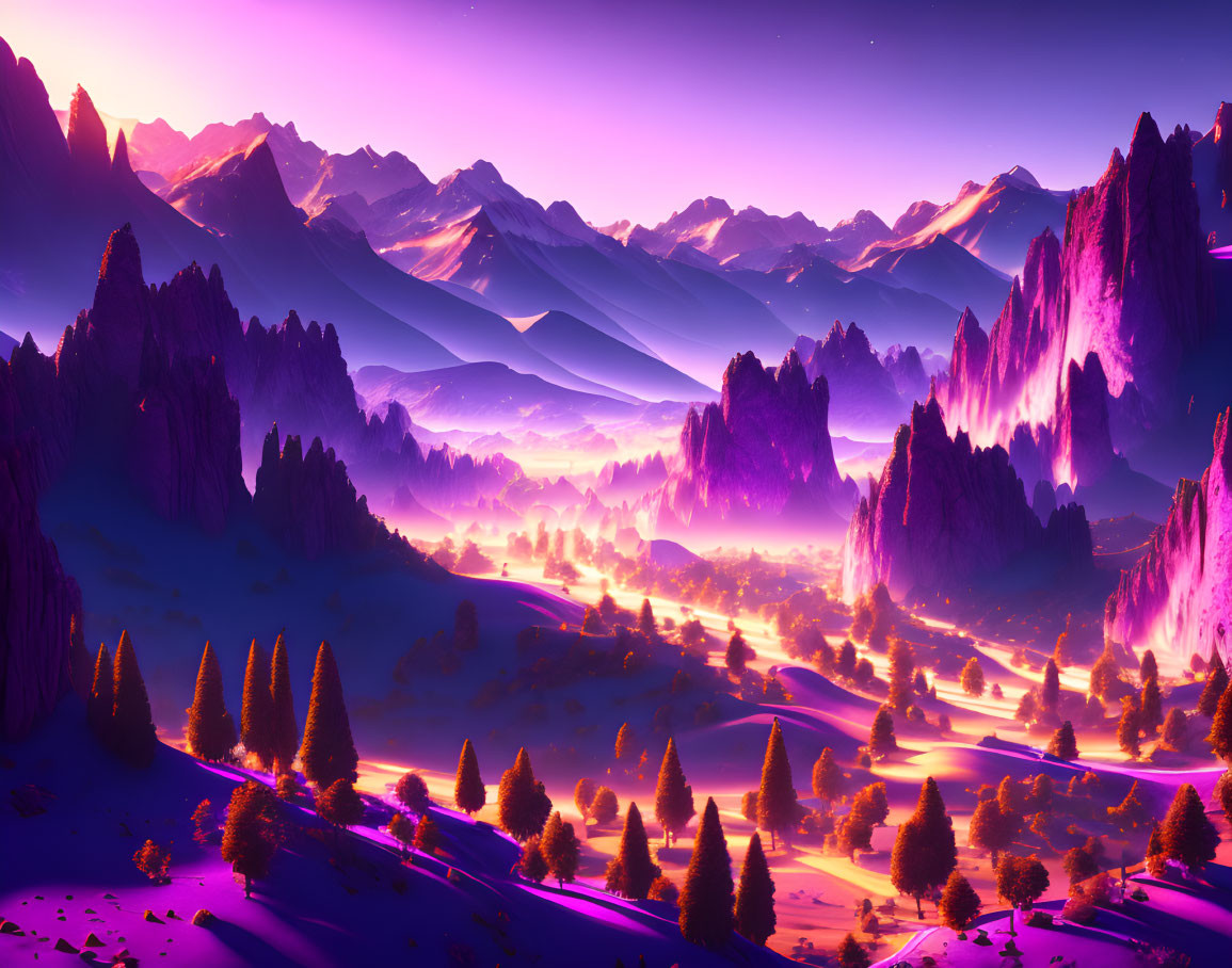 Digital landscape featuring purple mountains, rocky pillars, serene valley under starry sky