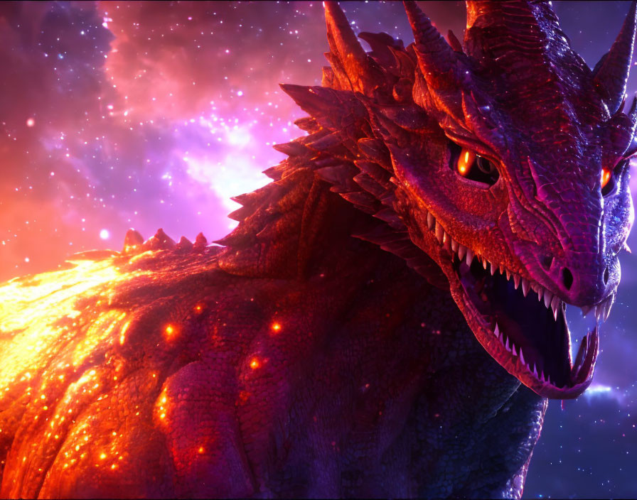 Red dragon with glowing eyes and scales in cosmic sky