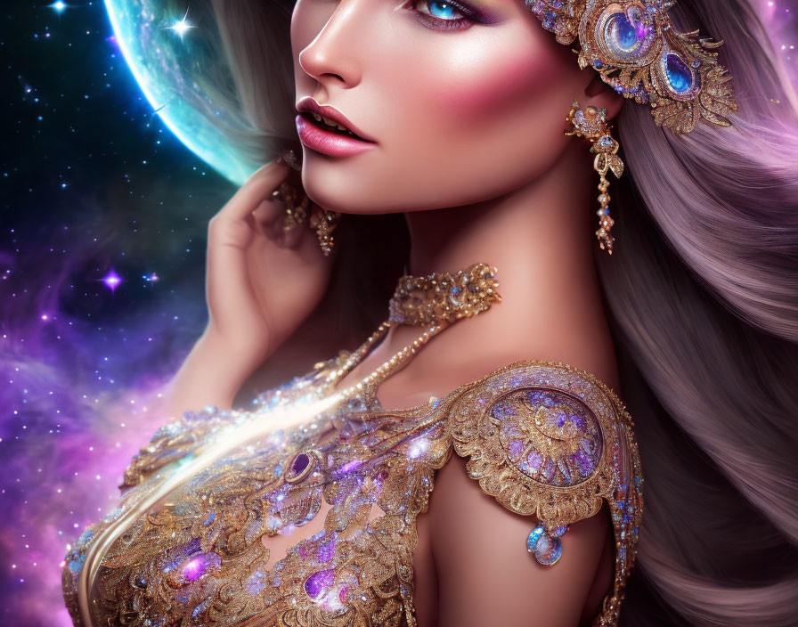 Ethereal woman with striking makeup and luxurious jewelry in cosmic setting