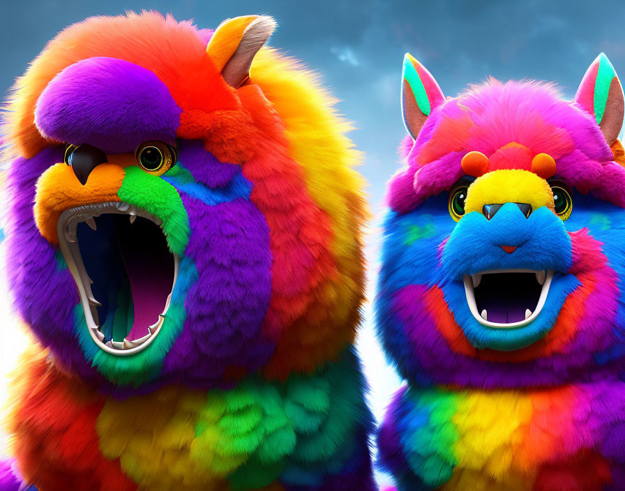 Colorful furry creatures against moody sky: A vibrant image.