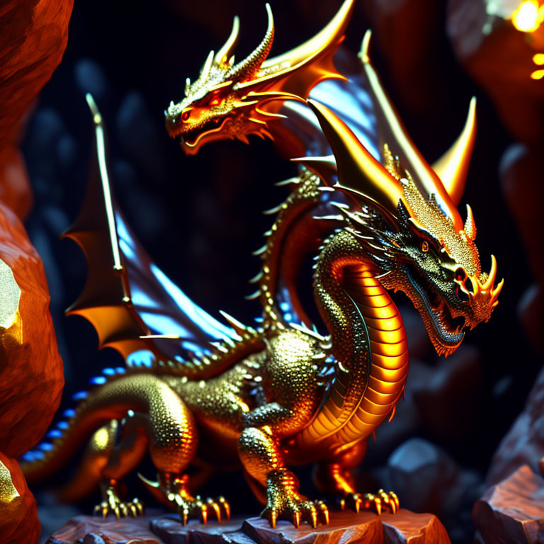 Golden two-headed dragon with glowing eyes and horns on fiery rock backdrop