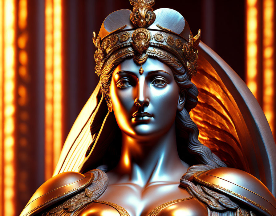 Regal metallic female figure with ornate crown and glowing backdrop