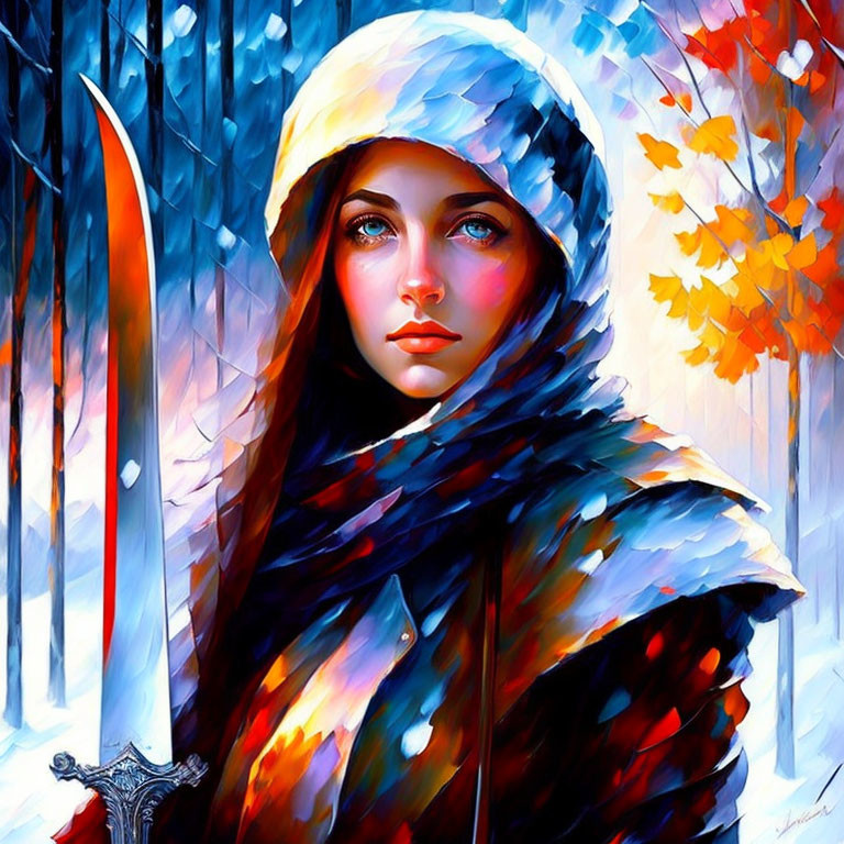 Illustration of woman with blue eyes in cloak with sword in forest