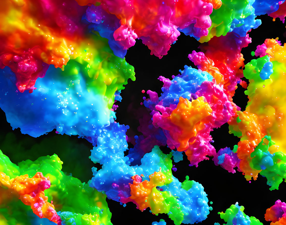 Colorful Abstract Composition: Neon Paint Splashes on Black