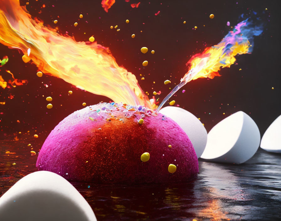 Colorful Flaming Dessert with White Spheres on Dark Background