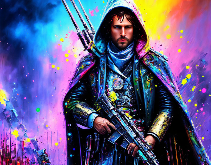 Colorful digital artwork: male figure in futuristic cloak with weapons in neon backdrop.