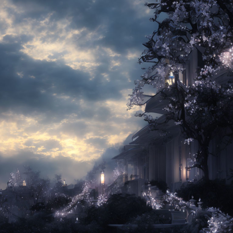 Twilight scene with glowing lights, blooming trees, classic architecture, and cloudy sky