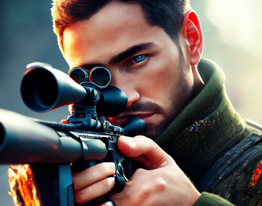 Man with Striking Blue Eyes Looking Through Sniper Rifle Scope