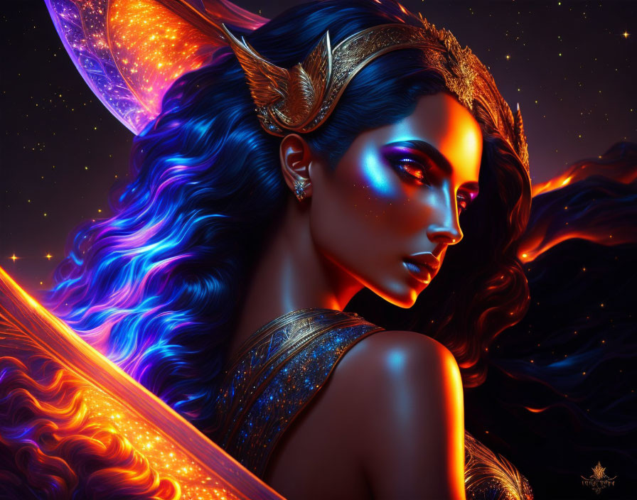 Fantasy portrait of woman with blue skin, colorful hair, butterfly wings, gold adornments, against