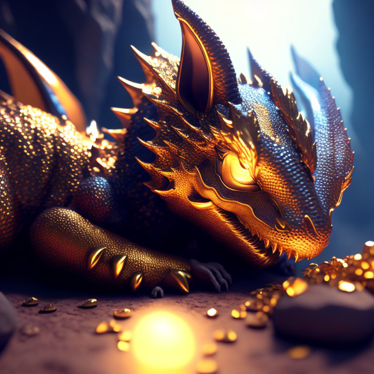 Golden dragon surrounded by treasure in dimly lit cavern