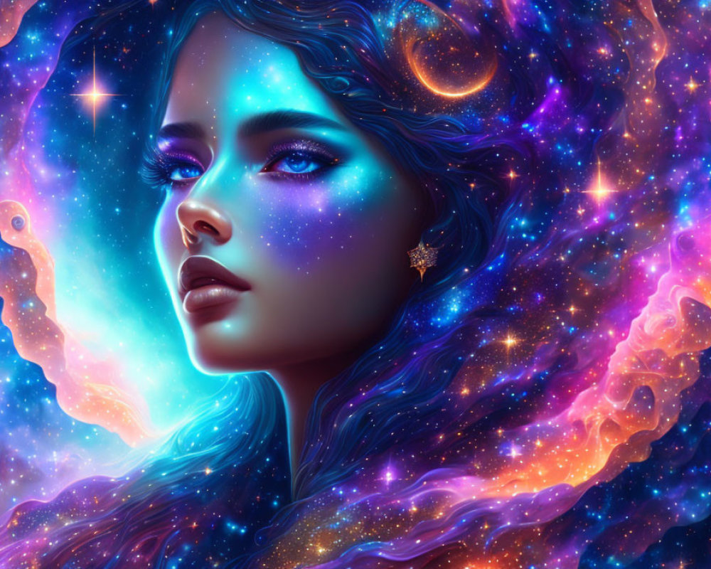 Digital art portrait of a woman with cosmic features blending with vibrant galaxy stars, nebulae, and