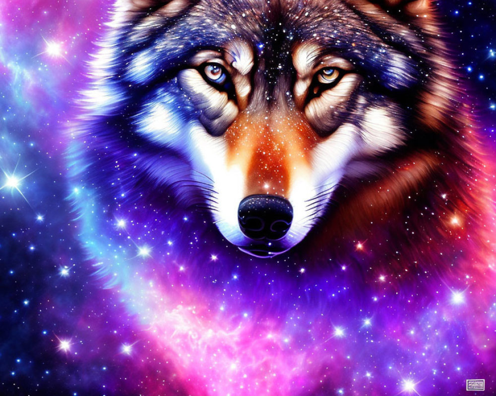 Wolf's face merging with cosmic background of stars and nebulae