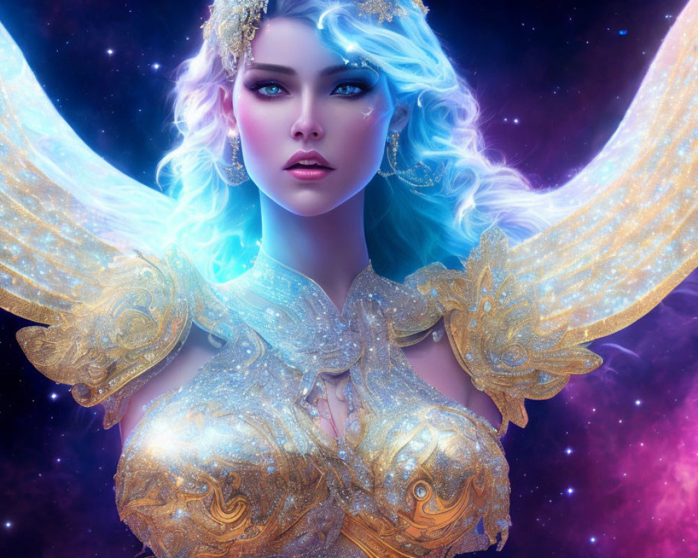 Fantasy digital artwork of female character with blue hair and ethereal wings in golden armor on cosmic background