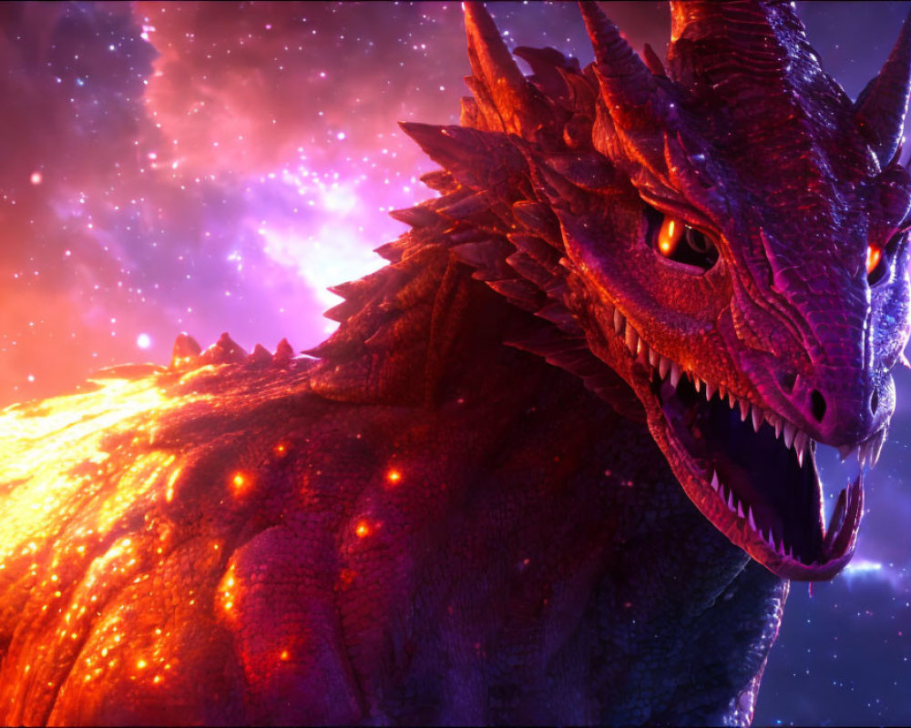 Red dragon with glowing eyes and scales in cosmic sky