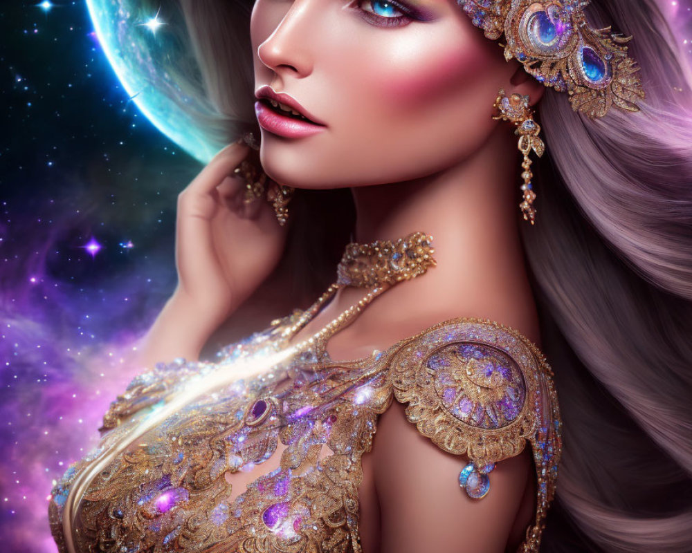 Ethereal woman with striking makeup and luxurious jewelry in cosmic setting