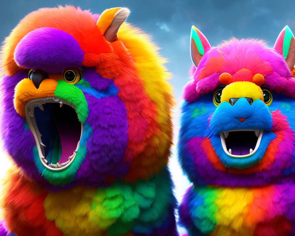 Colorful furry creatures against moody sky: A vibrant image.