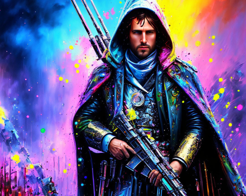 Colorful digital artwork: male figure in futuristic cloak with weapons in neon backdrop.