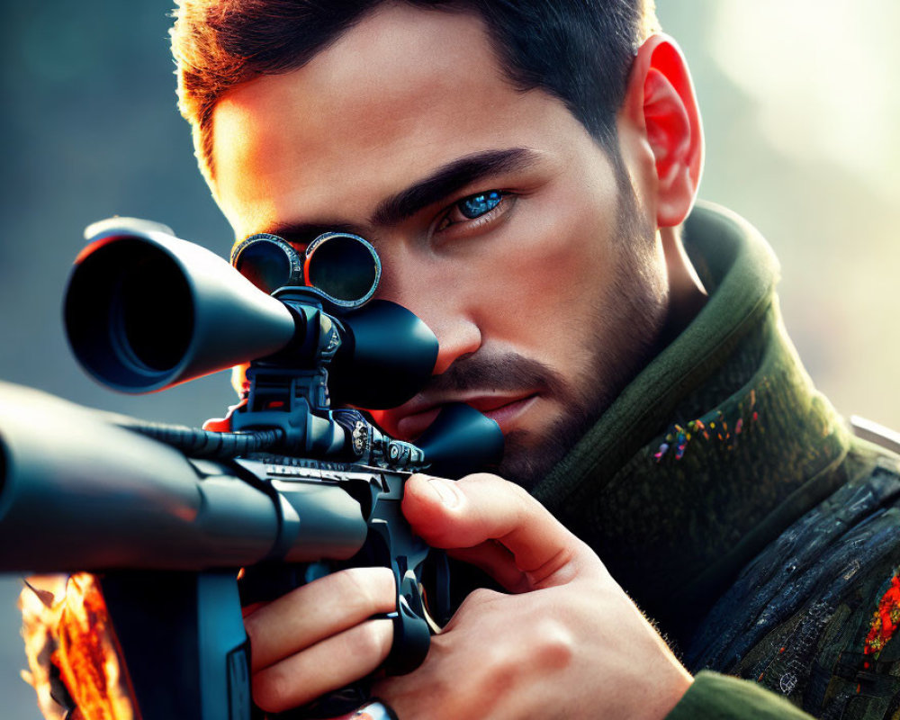 Man with Striking Blue Eyes Looking Through Sniper Rifle Scope