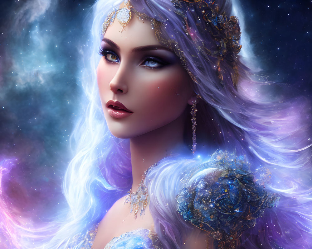 Digital artwork: Woman with violet hair and gold jewelry in cosmic setting