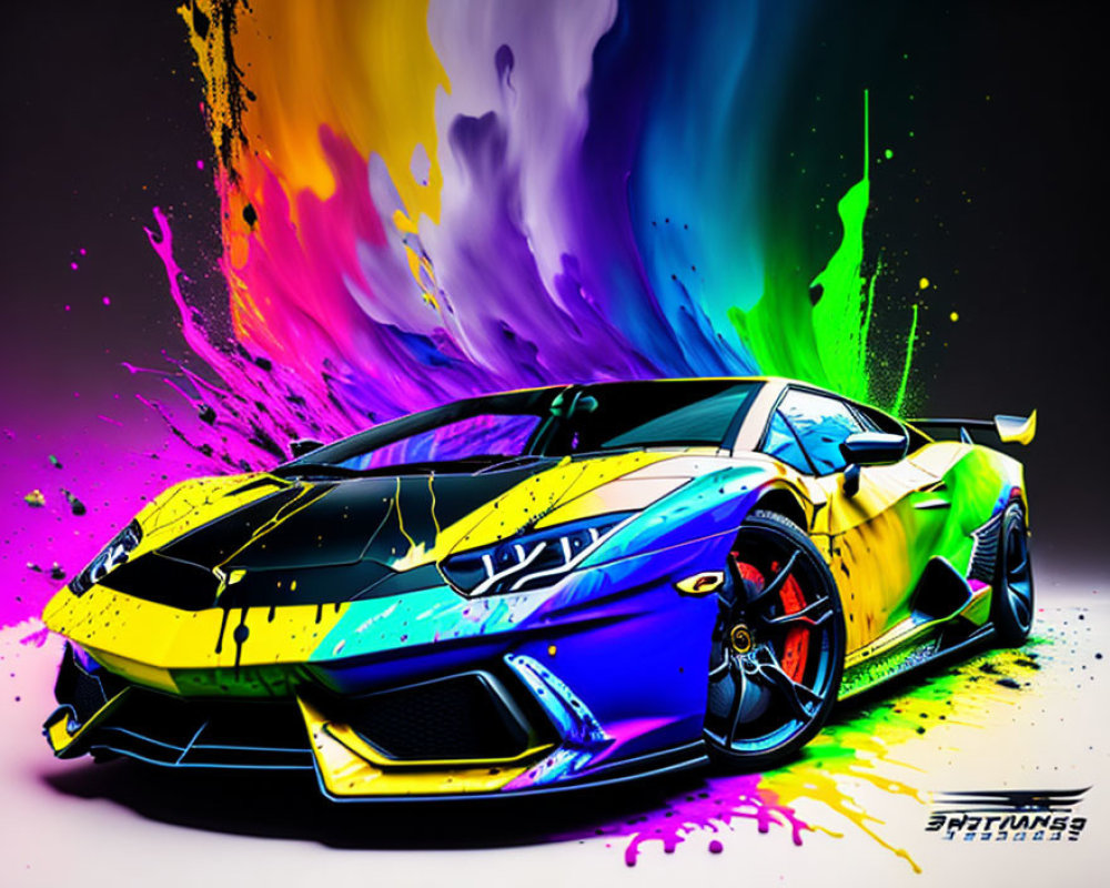 Multicolored Lamborghini with Splash Paint Design and Dynamic Backdrop