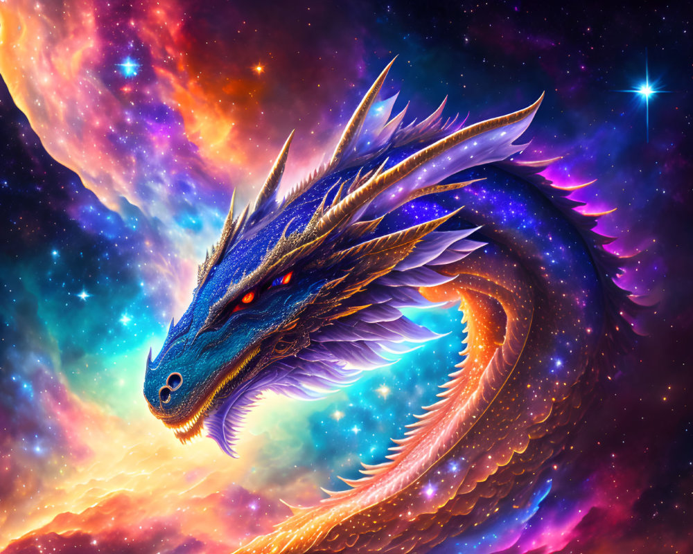 Majestic dragon with blue scales and golden accents in cosmic setting