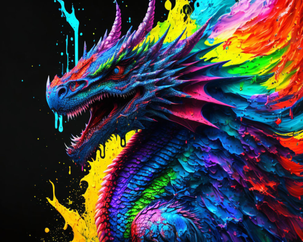 Multicolored dragon painting on black background