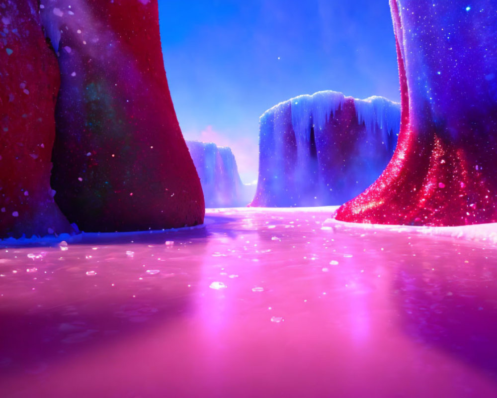 Colorful animated landscape with glowing pink ice ground, red and blue sparkling cliffs under starry sky