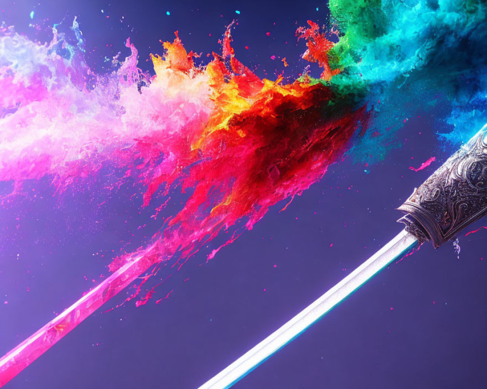 Colorful Powder Explosion from Metallic Nozzle on Dark Background