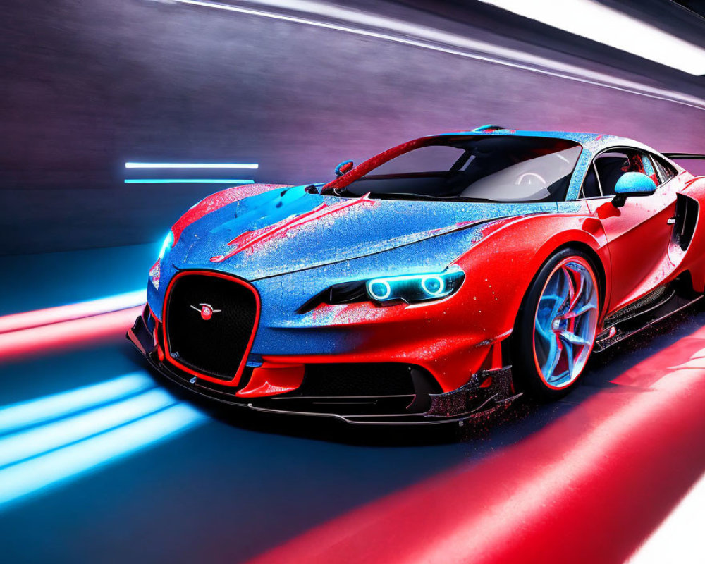 Red and black sports car in high-speed motion blur with dynamic light trails.