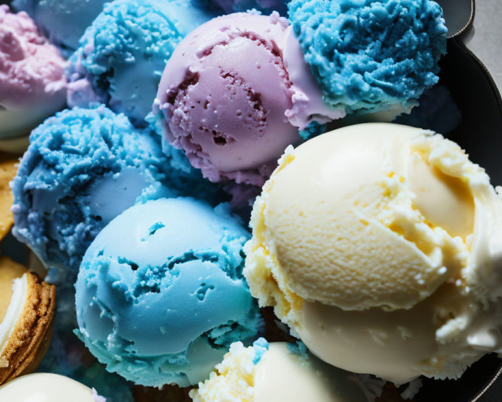 Colorful bowl with blue and purple ice cream scoops and cookies inside